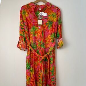 Magaschoni 100% Linen Tropical Print Dress Belted Button Front Women’s L NWT